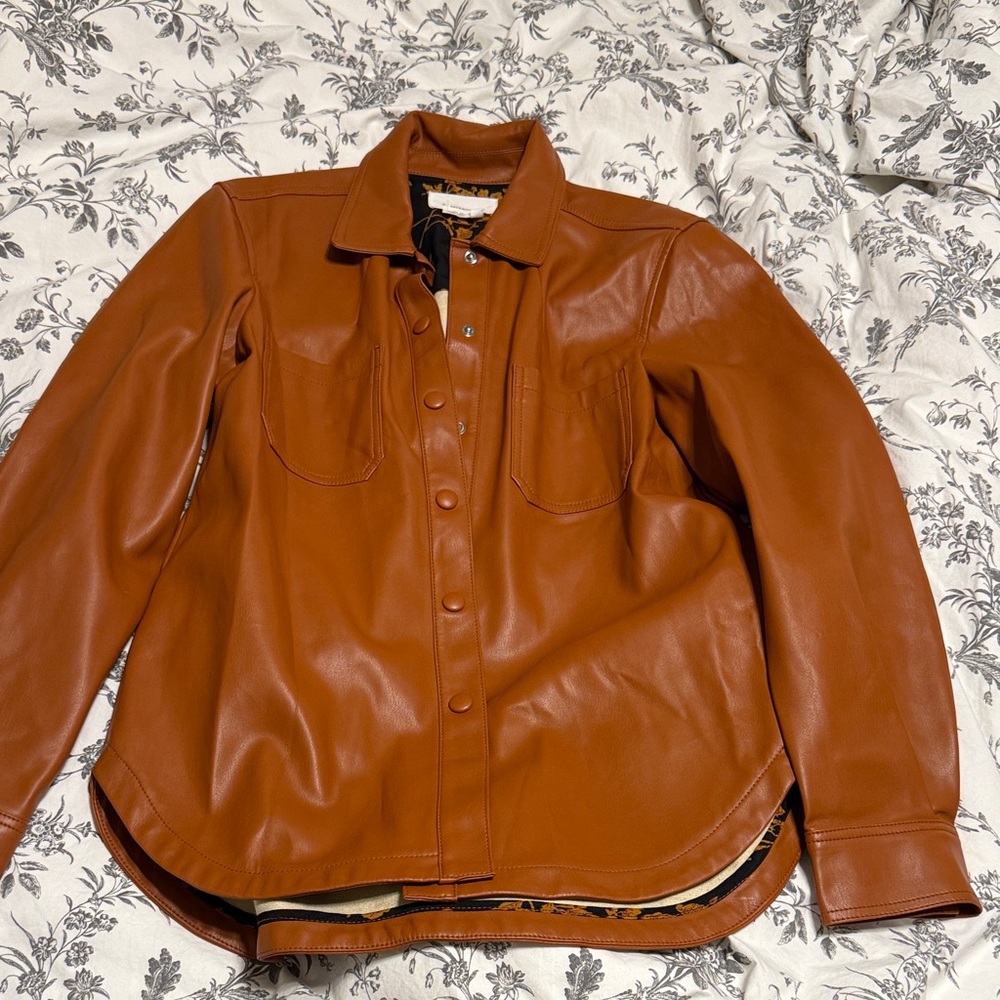 Anthropologie Brown Vegan Leather Button-Up Shirt